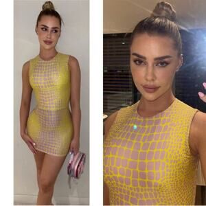 ALEX PERRY Dallon Crocodile Print Lycra Crew Yellow and Lilac Mini Dress Size 2